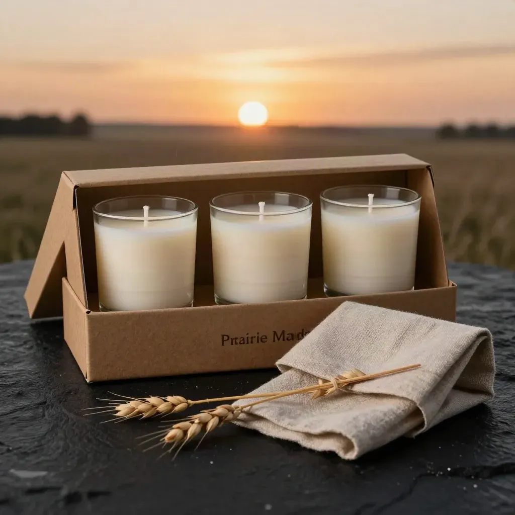 Three soy candles in a kraft gift box with cedar and oat stems on matte black, lit by prairie dusk.