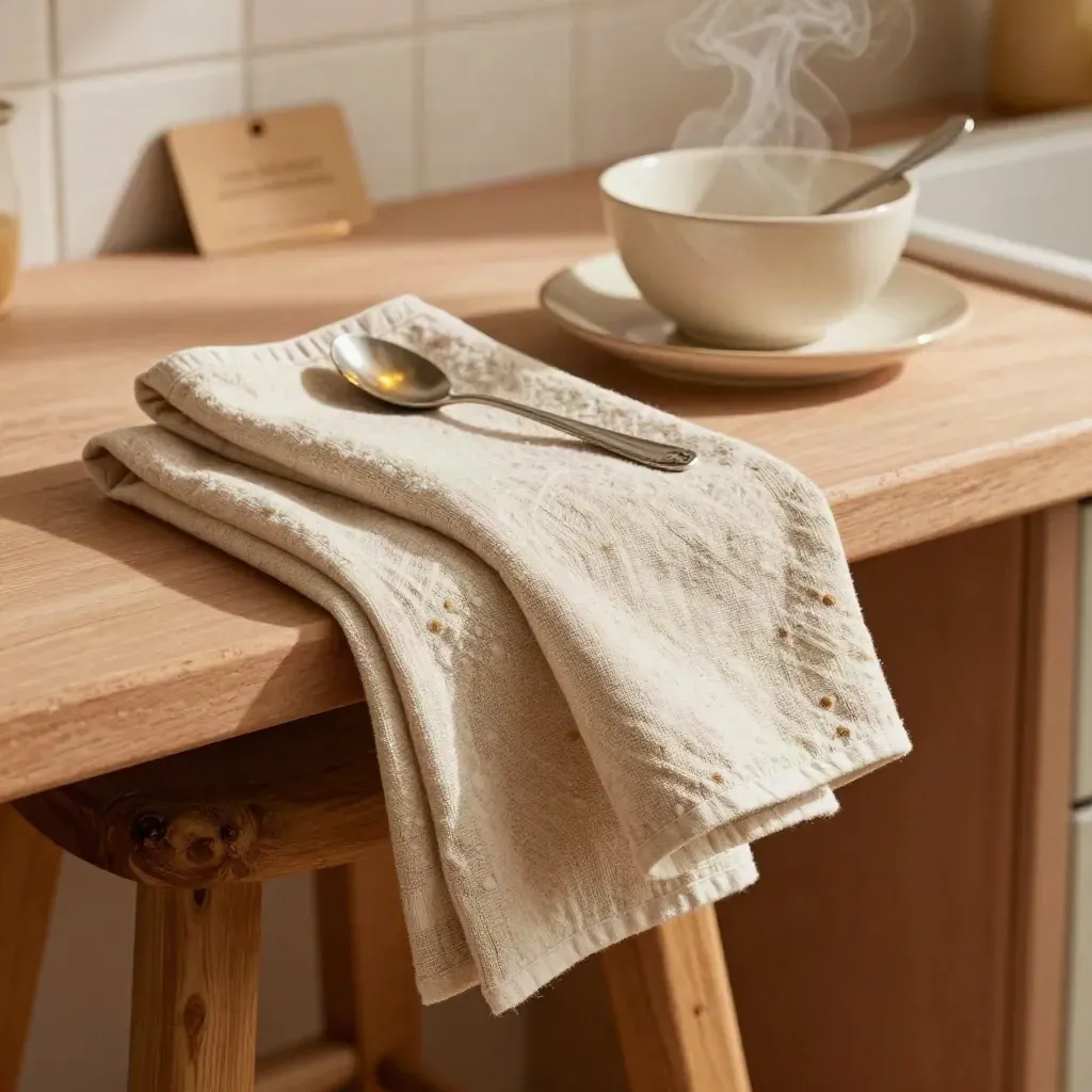 Folded linen tea towels on a stool beside a ceramic bowl and spoon in warm kitchen steam