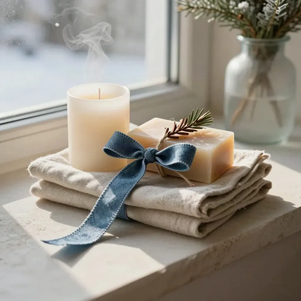 Winter gift bundle with candle, soap, and linen towel tied with twine and cedar sprig on stone.